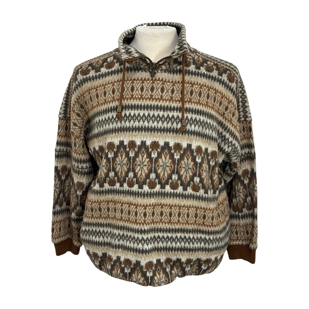 Vintage French Country Express Mens S Sweater Beige Fair Isle Knit Oversize